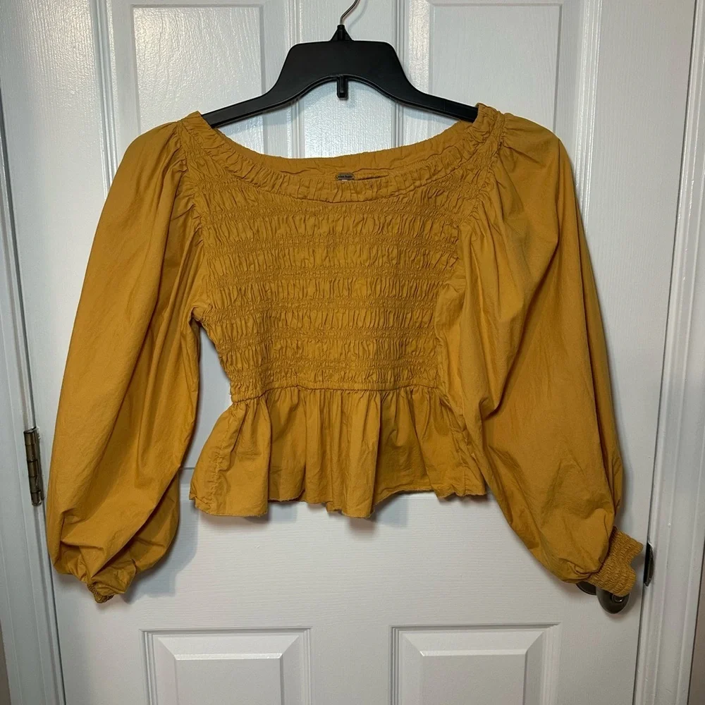Free People Yellow Smocked Poplin Off The Shoulder Top SP Puff Sleeve Boho